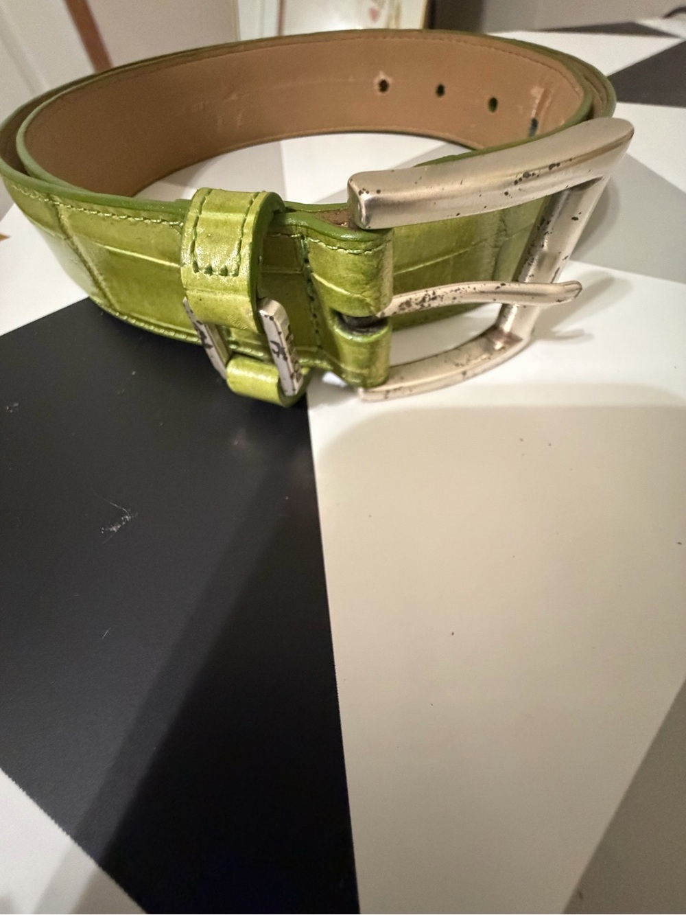 Lime Green Leather Belt with Silver Buckle